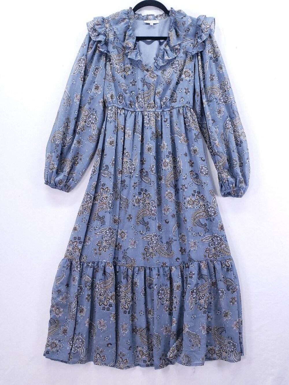 Anthropologie Moon River Blue Maxi Dress Size S Tiered Cottage Romantic Paisley